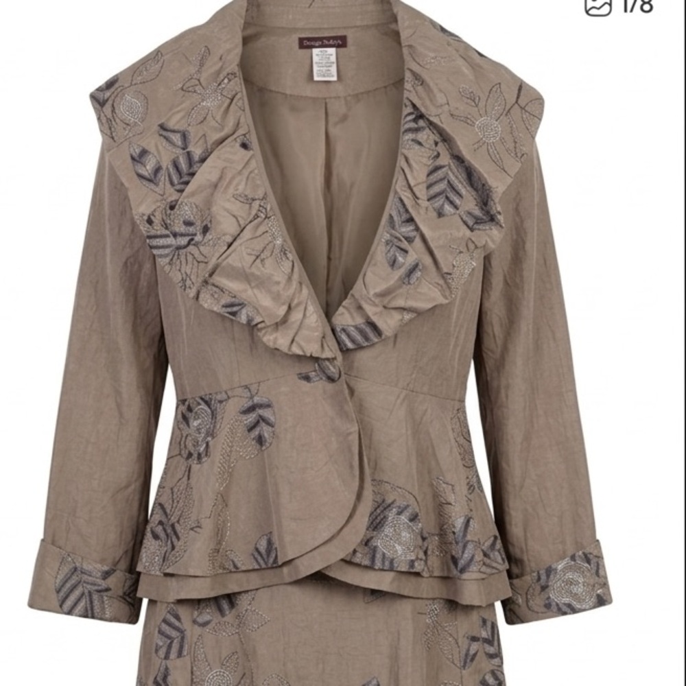 Vintage Style Embroidered Peplum Jacket & Skirt Set | Tan Shimmer
